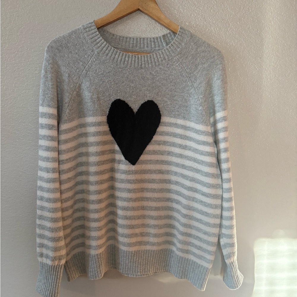 LOFT Light Gray and White Striped Sweater with Black Heart